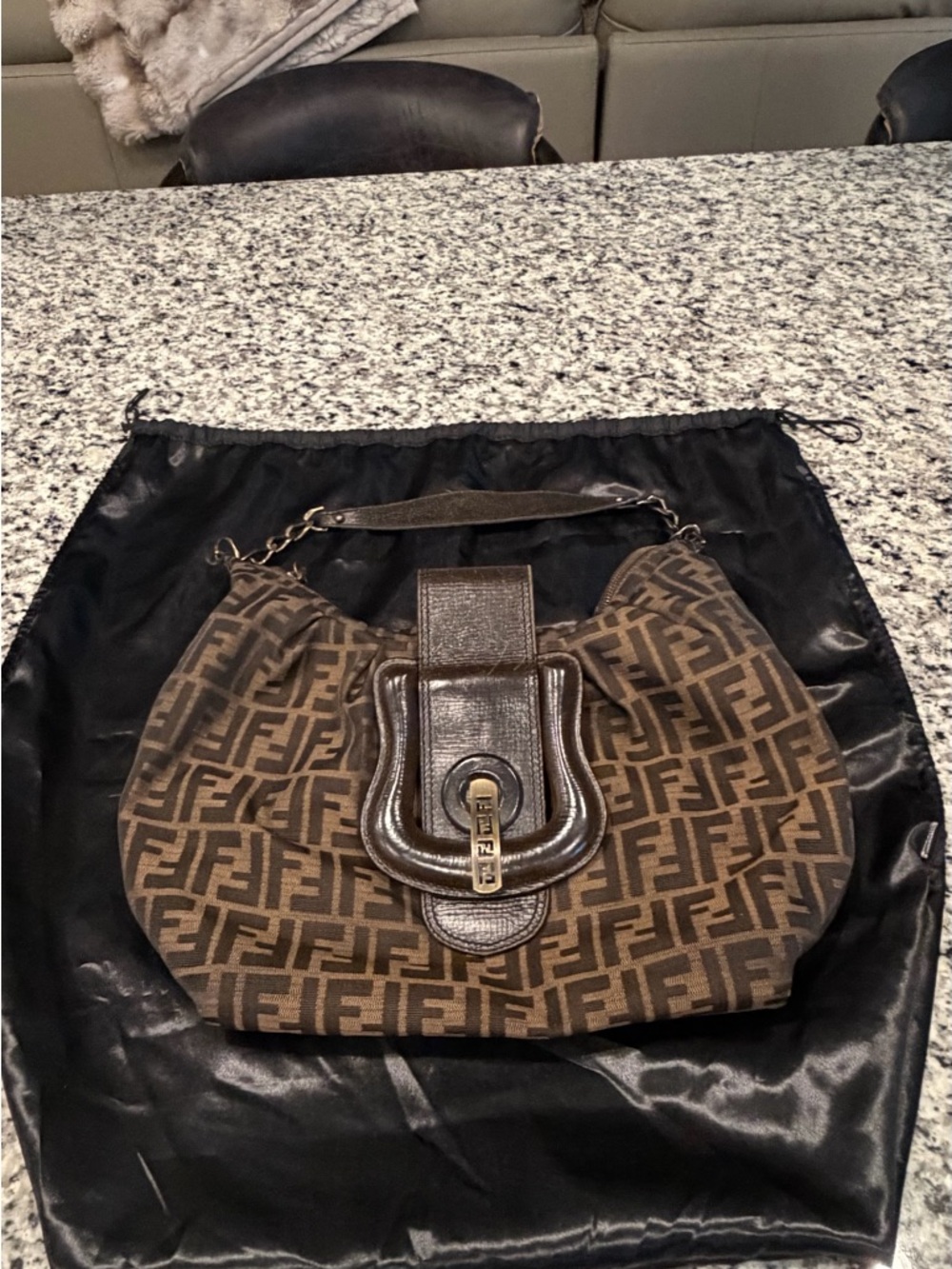 Vintage Fendi Brown FF Zucca Canvas Shoulder Bag with Leather Trim